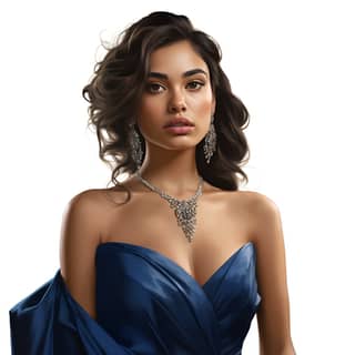 [ latina woman] [in a deep blue gown] [on a white background] [looking elegant graceful confident and sophistocated]